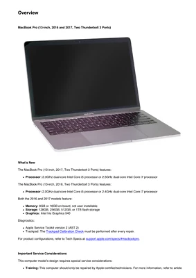 Apple MacBook Pro 13-inch 2017 Two Thunderbolt 3 Ports Guide Service Manual - Image 1 of 4
