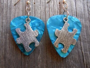 Puzzle Piece Charm Guitar Pick Earrings - Autism Awareness - Pick Your Color - Picture 1 of 10
