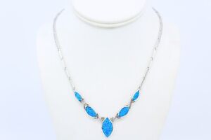 925 Sterling Silver V Necklace w Lab-Created Opal Blue Inlay - Rhodium Plated, S