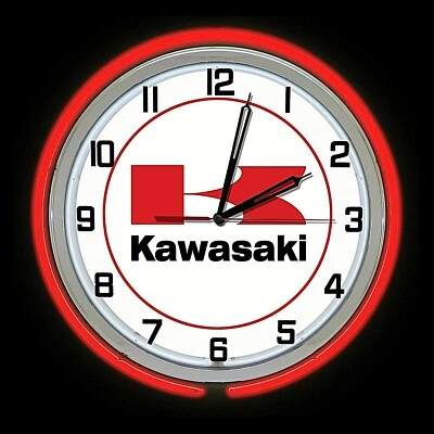 Reloj Kawasaki 19" Letrero Moto Rojo Doble Neón Acabado Cromo Hombre Cueva Garaje Foto 1 de 2