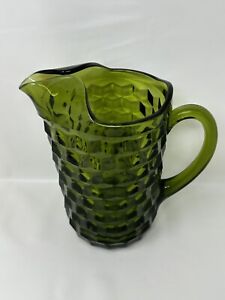 MCM Indiana Colony Whitehall Cubist Avocado Green Glass Pitcher ~ Vintage