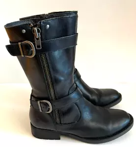 BORN TALL BLACK LEATHER BOOTS Erie Military Style Zipper Buckle Women 6.5 Medium - Picture 1 of 8