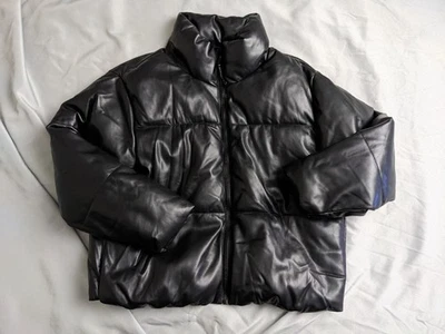 Old Navy Jacket Womens Size XL Black Crop Puffer Faux Leather Mock Neck - Image 1 of 4