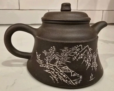 Vintage Chinese Yixing Zisha Purple Small Clay Teapot Factory W/ Label Mountains - Image 1 of 4