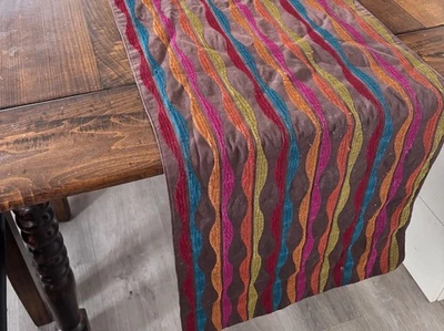 Embroidered Wavy MCM Bright Stripe Long Table Runner, Crate And Barrel 14x90” - Image 1 of 4