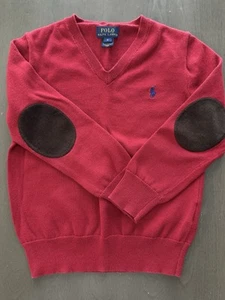 Polo Ralph Lauren V Neck Sweater Pullover Elbow Patches Youth Boy Pony Sz 6 Red - Picture 1 of 5