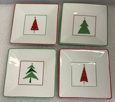 Set of 4 CRATE & BARREL Red Green Holiday Christmas Tree Appetizer Plates 5.25" - Image 1 of 4