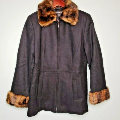 Vintage Wool Pea Coat Winter Faux Fur Zip Front Womens Medium Retro Office Class - Image 1 of 4