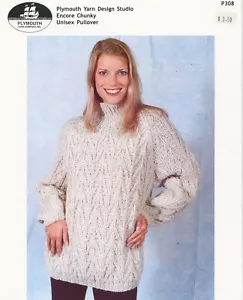 Plymouth Knitting Pattern P308 Encore Chunky Unisex Pullover 32"-48" Men, Women - Picture 1 of 2