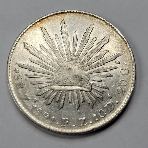 1891 Mexico 8 Reales Zs Zacatecas nice AU Large Size Silver Crown Coin *C636 Cover