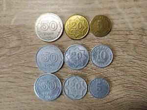 Azerbaijan set of 9 coins 3-50+3*20+10+2*5 qapik 1992-1993