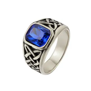 Vintage Viking Celtic Knot Blue Stone Wedding Ring Stainless Steel Unique Ring - Picture 1 of 2