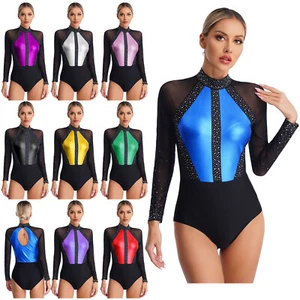 FEESHOW Womens Rhinestones Gymnastics Leotard Mesh Ice Skating Bodysuit AU - Picture 1 of 115