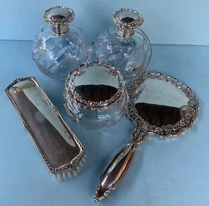ANTIQUE-CRYSTAL-STERLING SILVER-VANITY-SET-PERFUMES-POWDER-BRUSH-MIRROR-5 pieces - Picture 1 of 22