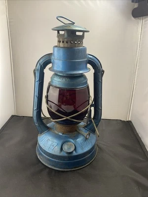 VTG Blue DIETZ NY USA LITTLE WIZARD Railroad Oil Lantern RED GLASS Globe 12” - Image 1 of 4