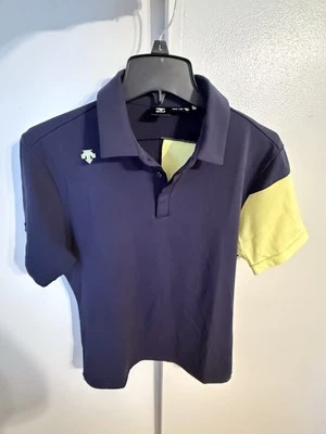 Polo de golf Descente manga corta estampado de logotipo grueso azul marino amarillo L para hombre Foto 1 de 4