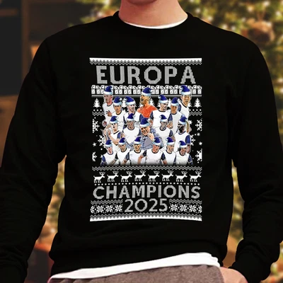 Spurs Europa Champions 2025 Black Christmas Jumper Santa Hats Adults Kids Sizes - Image 1 of 2