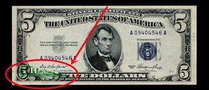 1953 $5 Silver Certificate Note Offset Printing Error AU - Picture 1 of 3