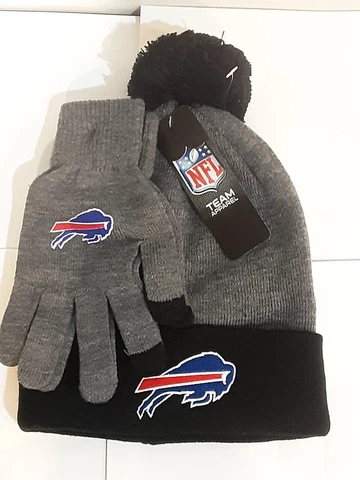NFL TEAM APPAREL BUFFALO BILLS WINTER POM HAT AND GLOVES COMBO BLACK & GRAY Cover