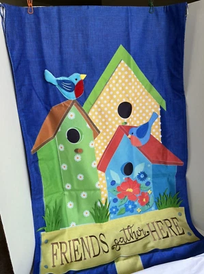 Evergreen Decorative Flag Friends Gather Here Bird w/ Birdhouse 28x44" - Image 1 of 4