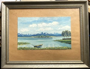 ::ACQUERELLO 1930 ALPI FIRMATO MONOGRAMMA O.H CHIEMSEE ANTICO DONNA ISOLA BARCHE - Foto 1 di 8