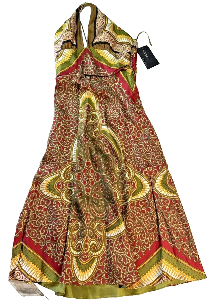 NWT Nicole Miller Collection Silk Dress Womens 4 Maxi Gown Lined Multicolor Logo - Image 1 of 4