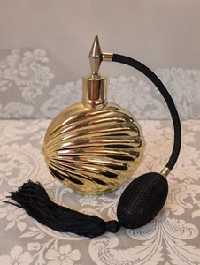 Vintage goldfarbene Glas Parfüm Flasche Zerstäuber Shell Design mit schwarzer Quaste - Bild 1 von 10