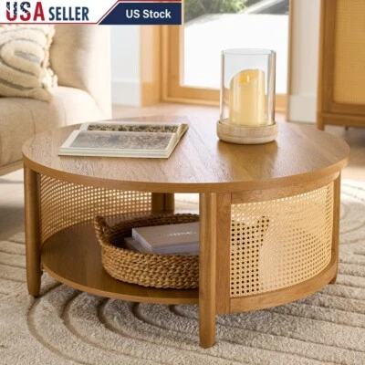 Round Coffee Table Rattan Insert Open Shelf Storage Living Room Furniture Honey - Image 1 of 4