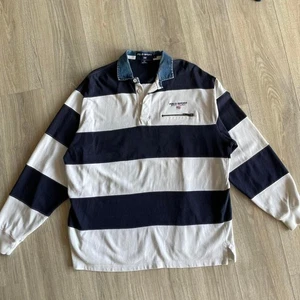 Ralph Lauren Polo Sport Men's Large White Blue Rugby Shirt Denim Collar Striped - Picture 1 of 6