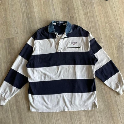 Ralph Lauren Polo Deportivo Para Hombre Grande Blanco Azul Rugby Camisa Denim Cuello Rayas Foto 1 de 4