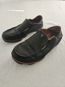 Olukai Moloa Herren Schwarz Leder Halbschuhe Slipper Fahren Schuhe Größe 13 - Bild 1 von 11
