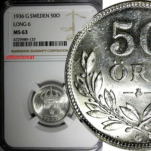 SWEDEN Gustaf V SILVER 1936 G 50 Ore Long "6" NGC MS63 TOP GRADED KM#788 (137) - Picture 1 of 4