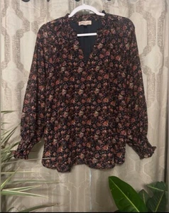 Philosophy gewebtes Boho Top Shirt Bluse kurz LS Übergröße 1X schwarz geblümt - Bild 1 von 15