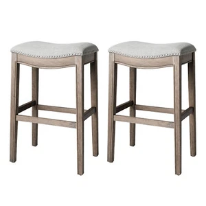 Maven Lane Adrien Saddle Bar Stool in Reclaimed Oak Finish w/ Ash Grey Fabric - Picture 1 of 6