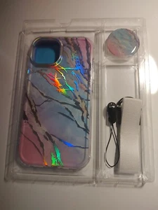Funda protectora holográfica de mármol para teléfono celular iPhone 14 correa de agarre antichoque - Imagen 1 de 3