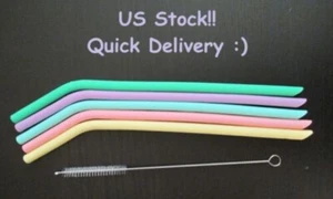 ReUsable 10" Drinking Silicone Flex Straw w/Cleaning Brush -(5 Straws + Brush) - Picture 1 of 12