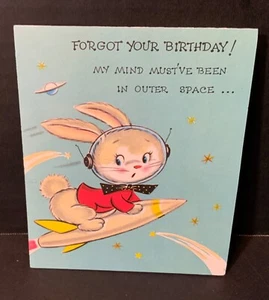 VTG Gatto Belated Birthday Card Anthropomorphic Bunny On Rocket Glittery Stars - Picture 1 of 3