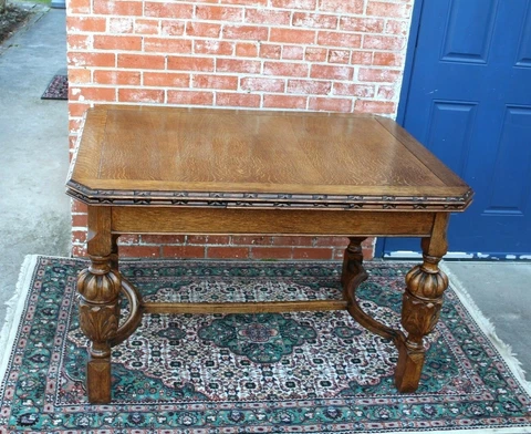English Antique Tiger Oak Art Deco Draw Leaf Table / Kitchen Table Cover