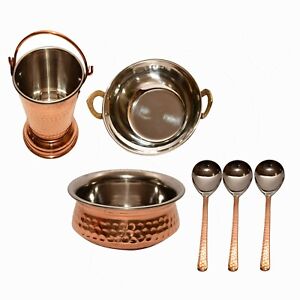 Steel Copper Kitchen Set Bucket Balti Kadhai Handi 3 Spoon Serving Restaurant