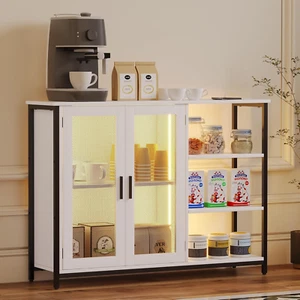 LED Farmhouse Coffee Bar Cabinet, Wine Cabinets with Removable Wine Rack, Buffet - Picture 1 of 9