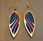 Vintage Signed Peacock Feather Metal & Cloth Earrings 1990