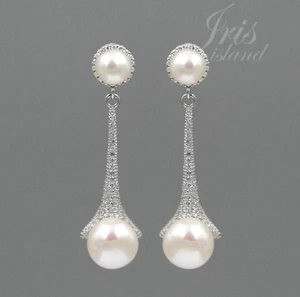 White Pearl Freshwater CZ 925 Sterling Silver Wedding Drop Dangle Earrings 07975 - Picture 1 of 5