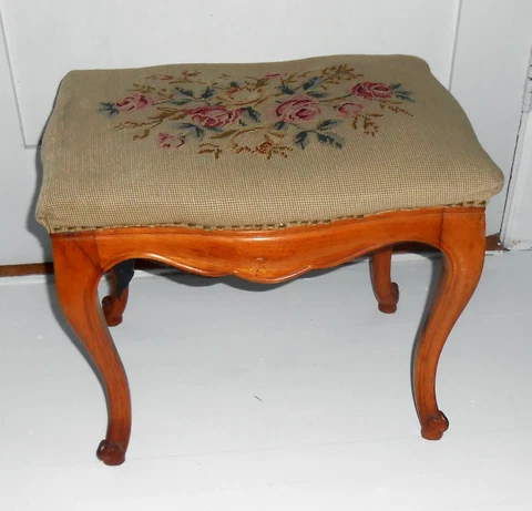 Antique French Louis XV Style Bench Stool w/ Needlepoint Upholstery Cover