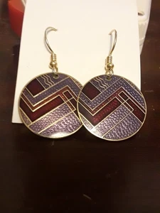 Pendientes colgantes vintage firmados ROCCOCO Art Deco rojo púrpura cloisonne círculo - Imagen 1 de 3