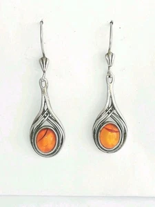Beautiful Amber, 925 Sterling Silver Dangle Drop Earrings Vintage Jewellery - Picture 1 of 7