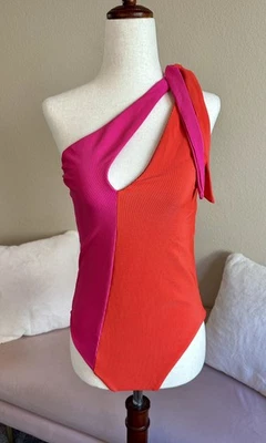 Beach Riot Nia One Piece Swimsuit Magenta Coral One Shoulder Tie Women’s Size L. - Image 1 of 4