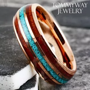 8mm Rose Gold Plated Tungsten Crushed Turquoise & Wood Men's Wedding Band Ring - Picture 1 of 12