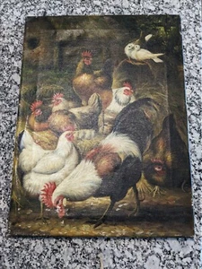 Original Öl Hühnerhof Szene auf Leinwand - Bild 1 von 4