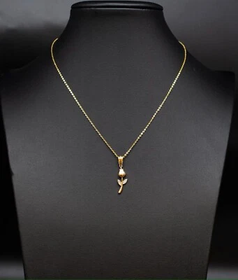 14k Real Gold Rose Necklace,14K Real SOLID Gold Rose Charm, 14k Gold 1.3mm Chain - Image 1 of 4