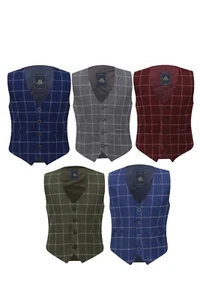 Boys Tweed Windowpane Check Suit Waistcoat Cotton Retro Wedding Smart Casual - Picture 1 of 20